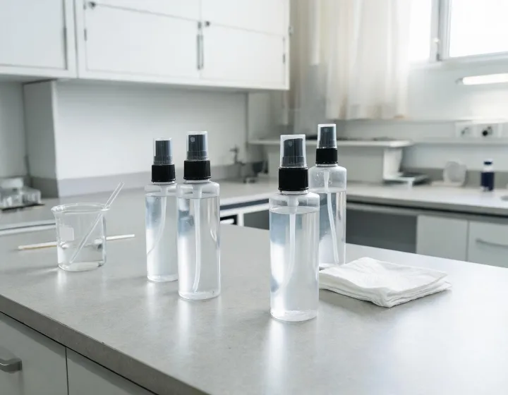 spf setting spray on a cosmetics bench, illustration only