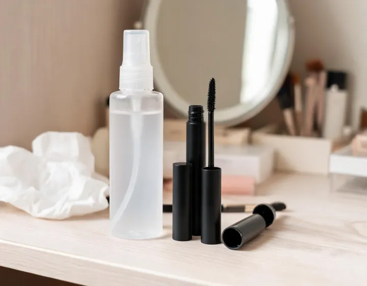 setting spray before or after mascara on a cosmetics bench, illustration only
