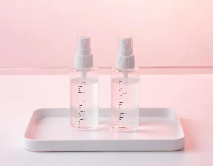 Sunscreen setting spray bottles on a lab tray, illustration only