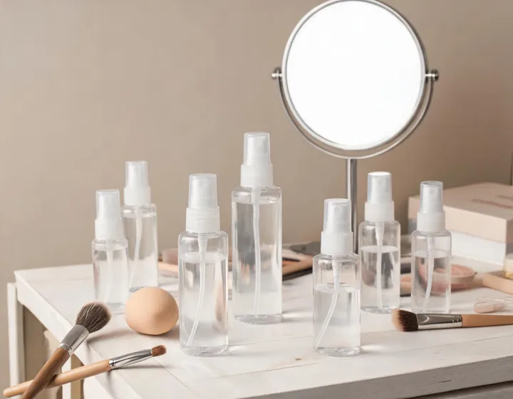 makeup setting spray with spf on a cosmetics bench, illustration only